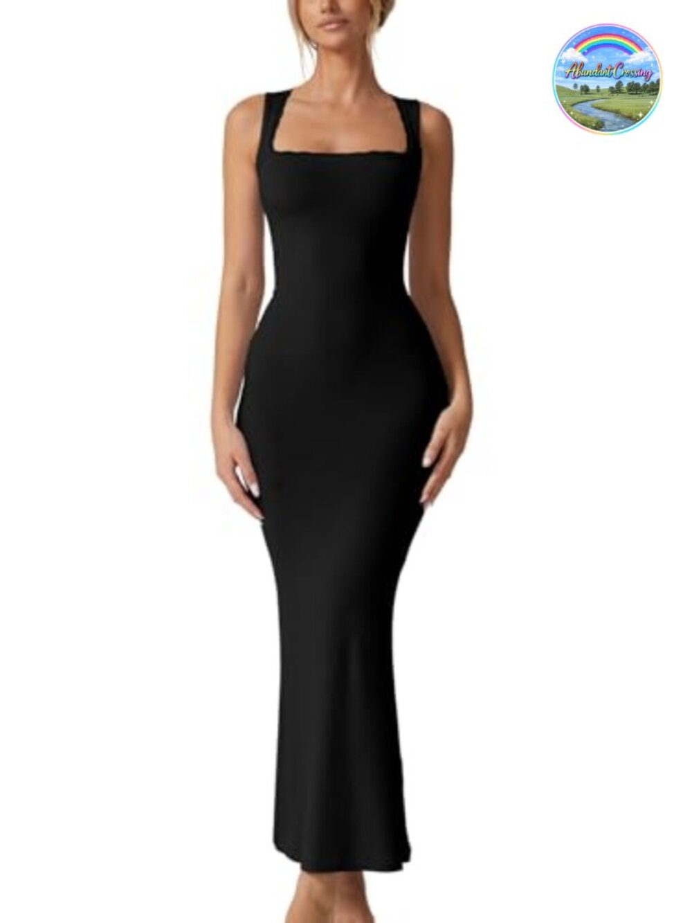 Women's Sleeveless Square Neck Ribbed Maxi Dress with Lace Detail Full Length